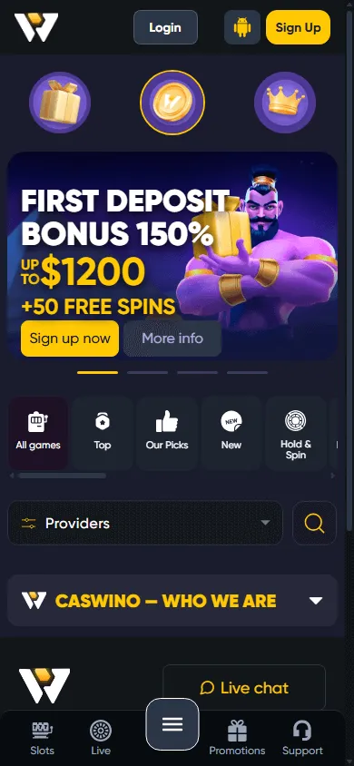Caswino Casino home screen on mobile