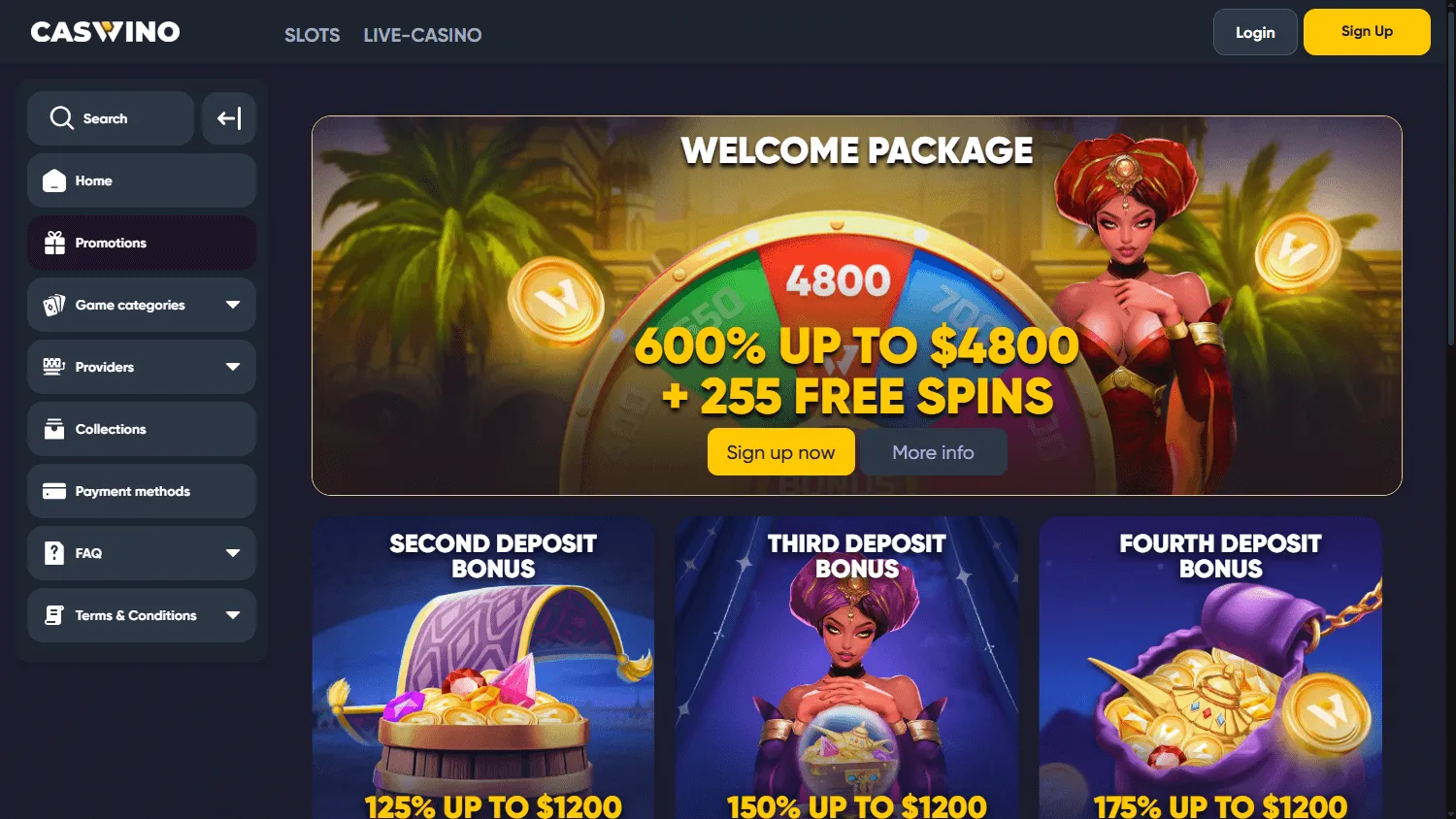 Caswino Casino promotions screen on desktop