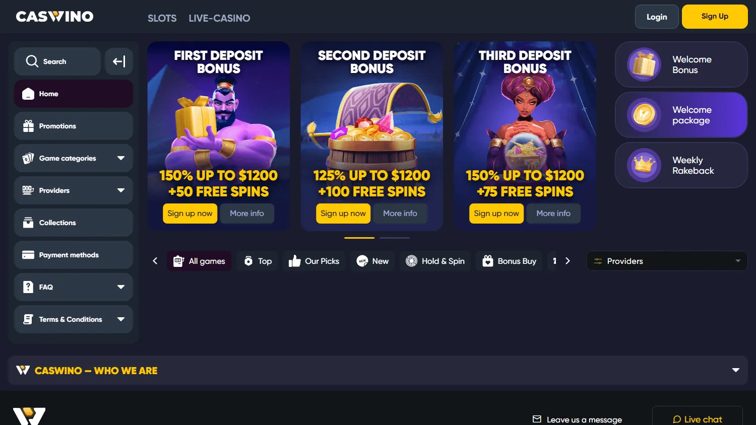 Caswino Casino home screen on desktop