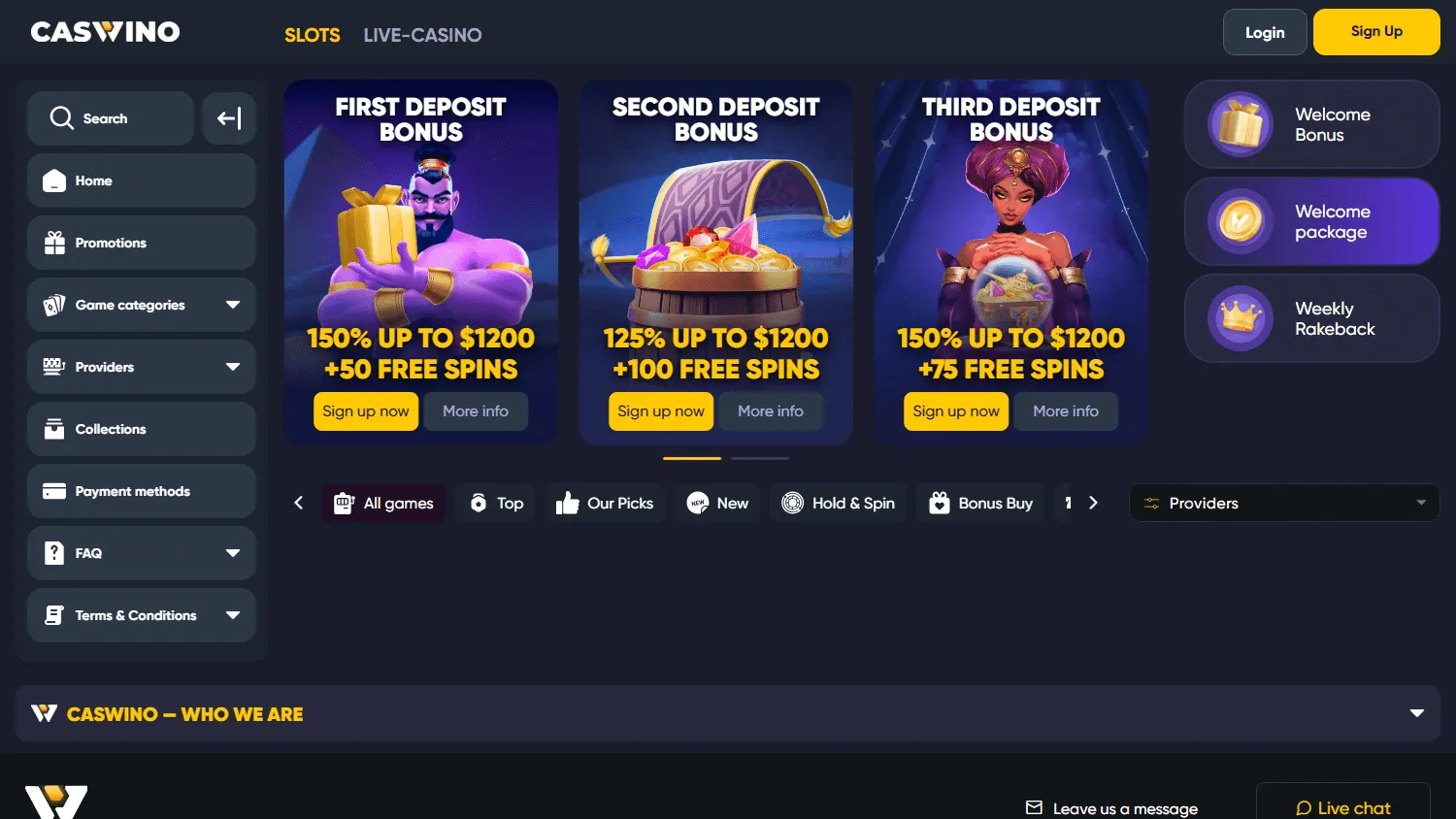 Caswino Casino games screen on desktop